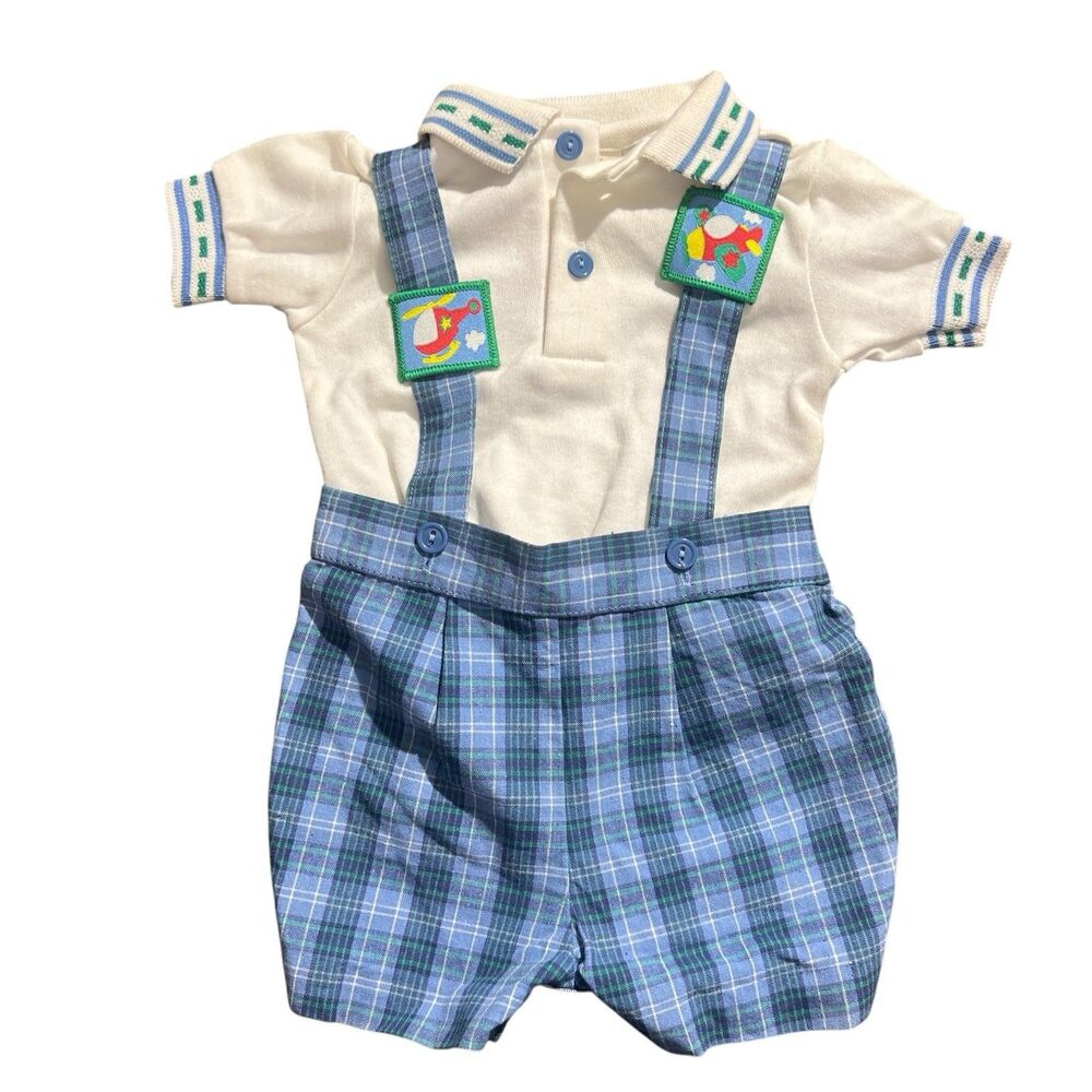 VTG Plaid Overalls NWT Airplane Embroidered Sz 6-9 Mo
